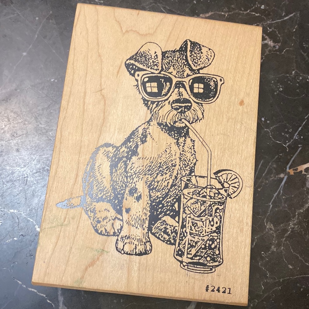 Rubber block stamp - Pup with a drink